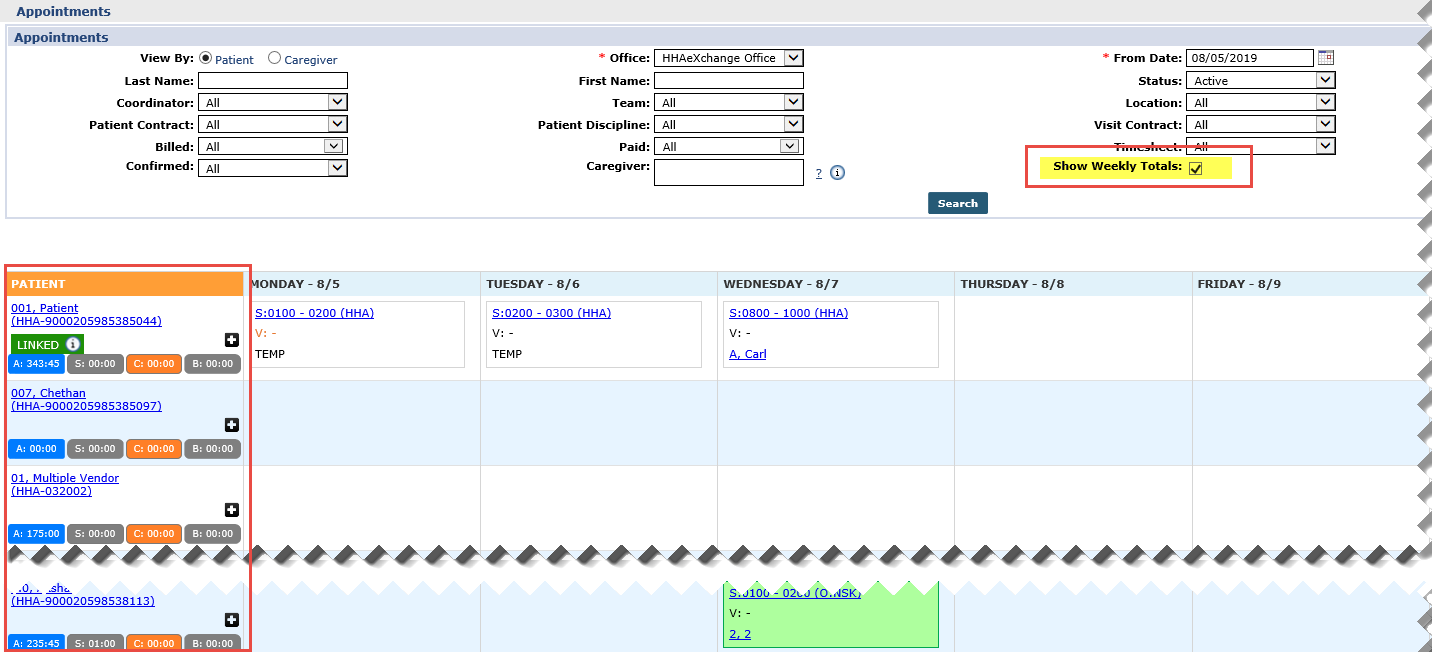 Appointments: Show Weekly Totals Enabled