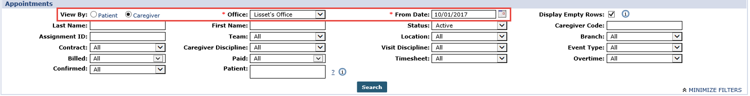 Appointments Search Fields