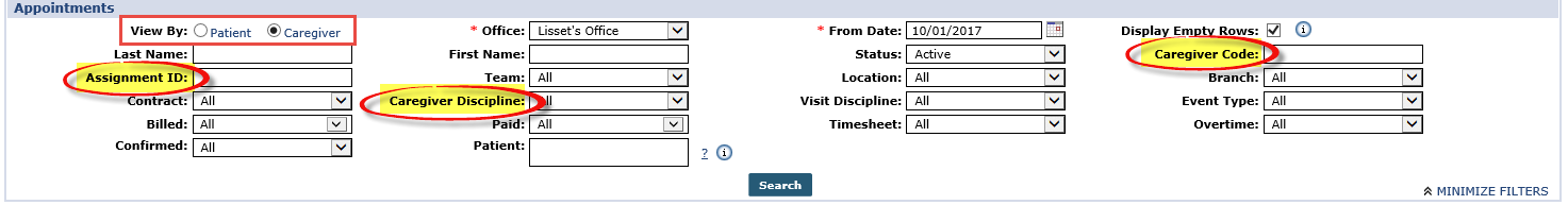 Caregiver Filter Fields