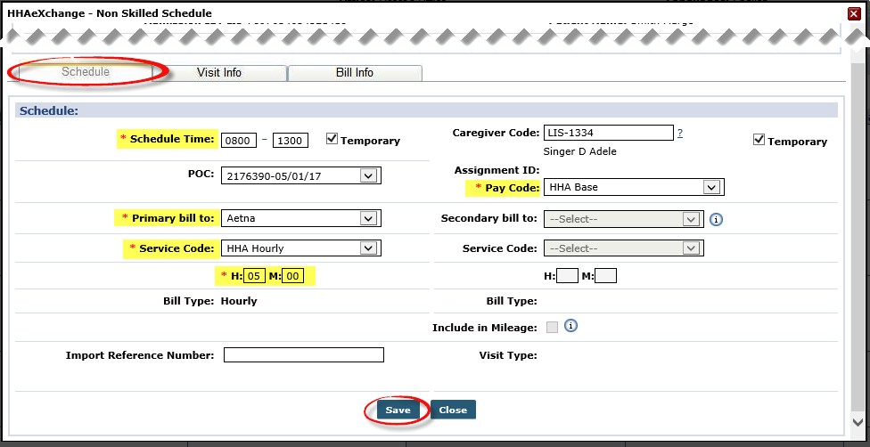 Schedule Visit tab – Scheduling a Non-Skilled Visit