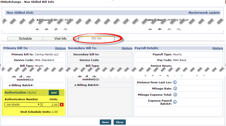 Authorization on Bill Info Tab