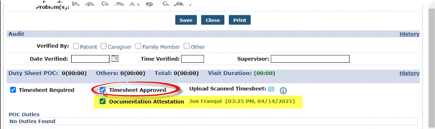 Visit Info Tab: Timesheet Approved – Document Attestation Timestamp