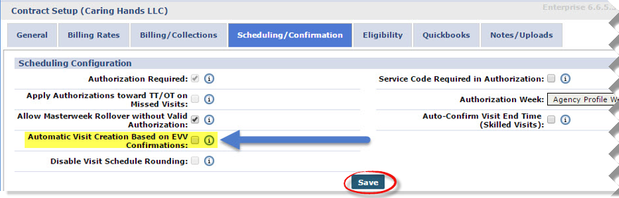 Contract Setup, Scheduling/Confirmation Tab: Automatic Visit Creation Based on EVV Confirm checkbox