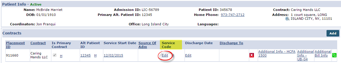 Patient Contract Page - Service Code