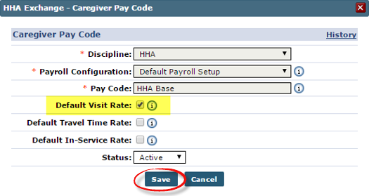Caregiver Pay Code: Set Default Visit Rate
