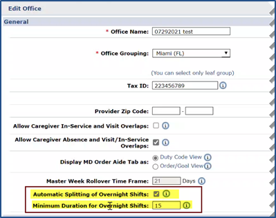 Edit Office - Automatic Splitting of Overnight Shifts and Minimum Duration Checkboxes