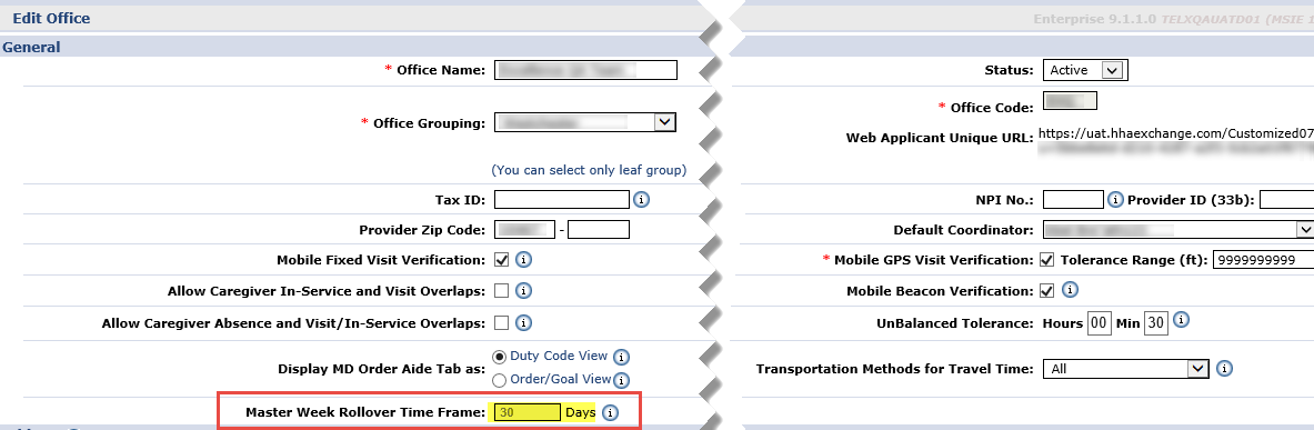 Edit Office: Master Week Rollover Field