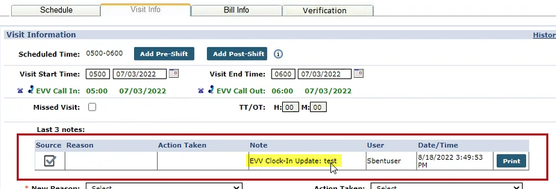 Visit Info Note: Service Location Change