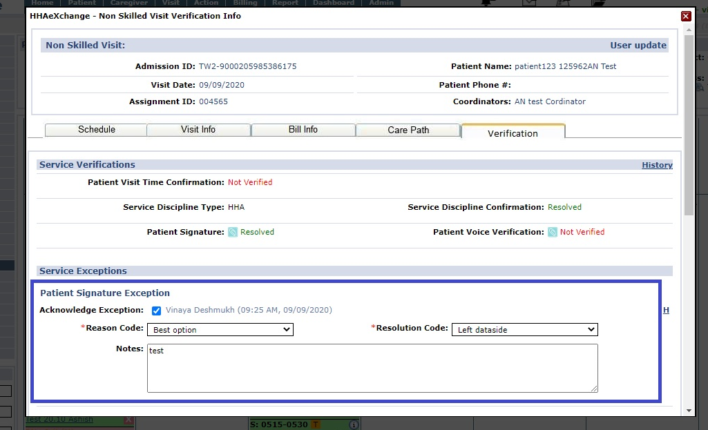 Visit Verification Tab: Service Exception Section