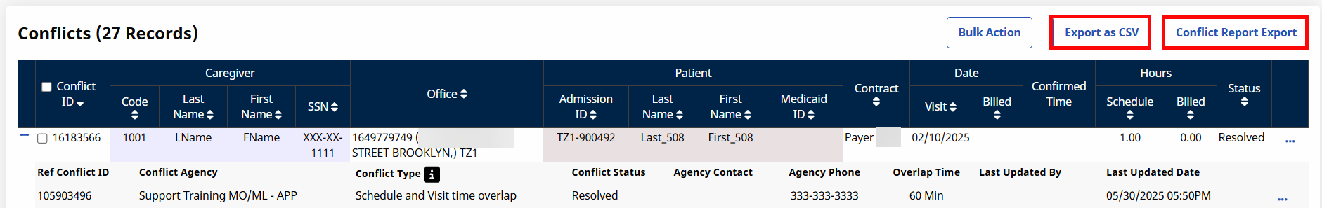 To export conflict records, click either Export as CSV or Conflict Report Export. To export conflict records, click either Export as CSV or Conflict Report Export.