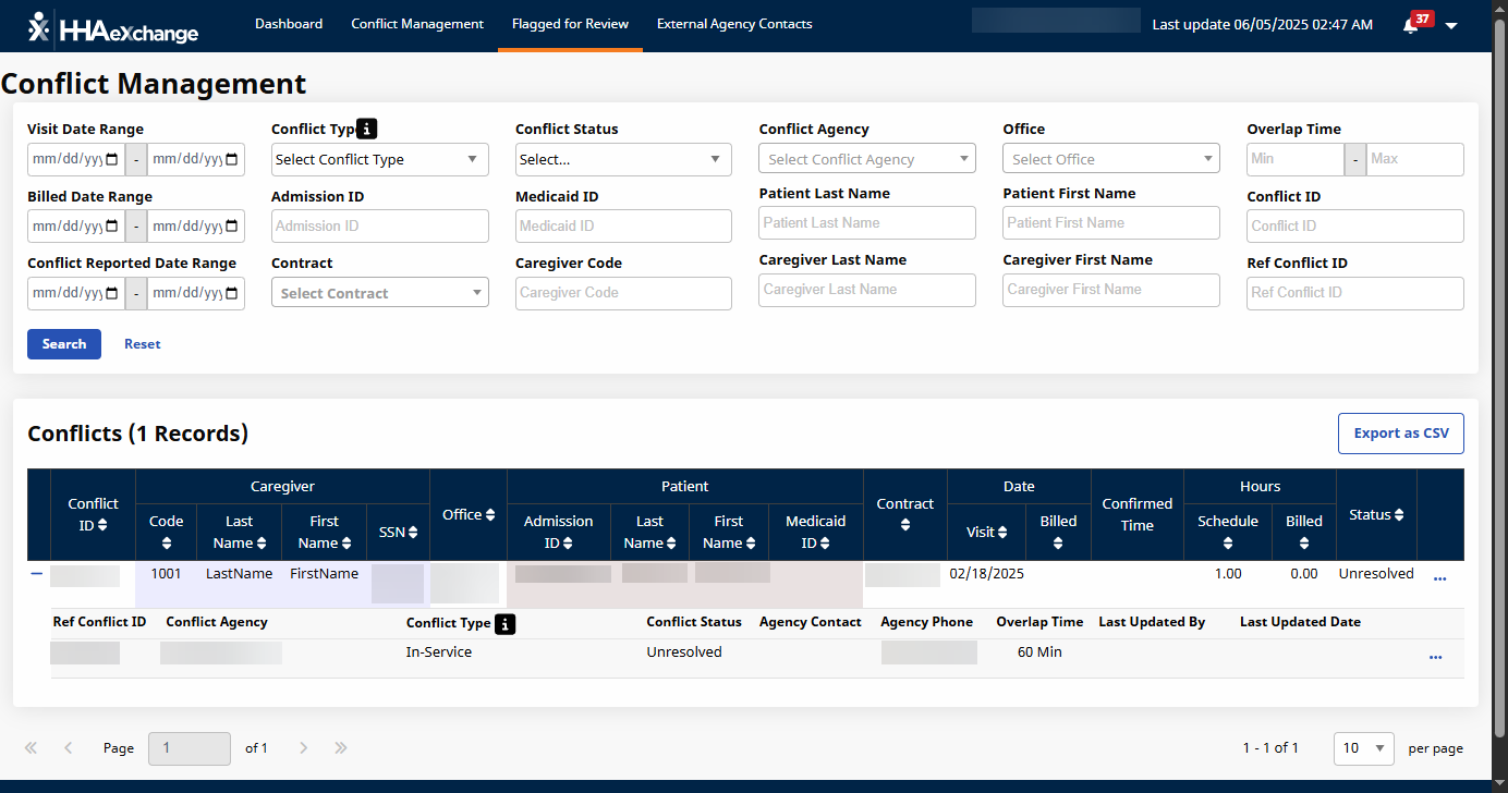Flagged for Review in the Conflict Management Dashboard Conflict List View in the Conflict Management Dashboard