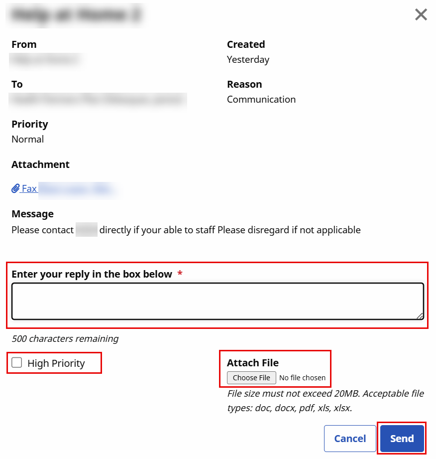 In the In-Service Change window, fields to reply to the message, set a priority, and attach a file display at center. The Send button displays at bottom right. In the In-Service Change window, fields to reply to the message, set a priority, and attach a file display at center. The Send button displays at bottom right.