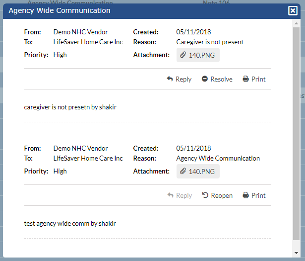 In the Agency Wide Communication window, a message thread displays with recipient and sender information, as well as attachments. In the Agency Wide Communication window, a message thread displays with recipient and sender information, as well as attachments.