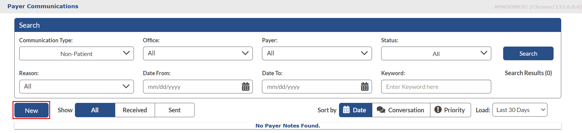 At bottom left in the image, the New button displays emphasized to create a new message. At bottom left in the image, the New button displays emphasized to create a new message.