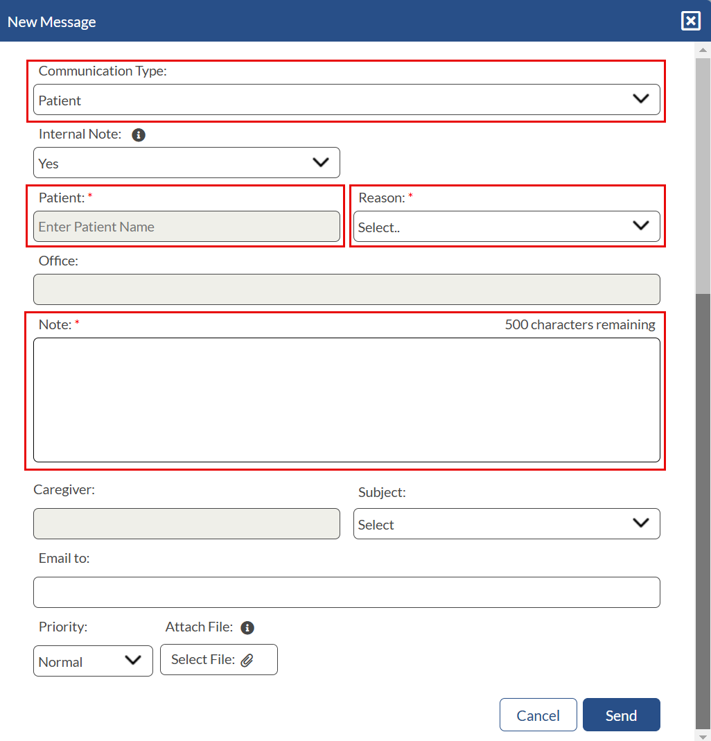 In the New Message window, fields display to define the new message, such as the communication type, payer, patient, and reason for the message. In the New Message window, fields display to define the new message, such as the communication type, payer, patient, and reason for the message.