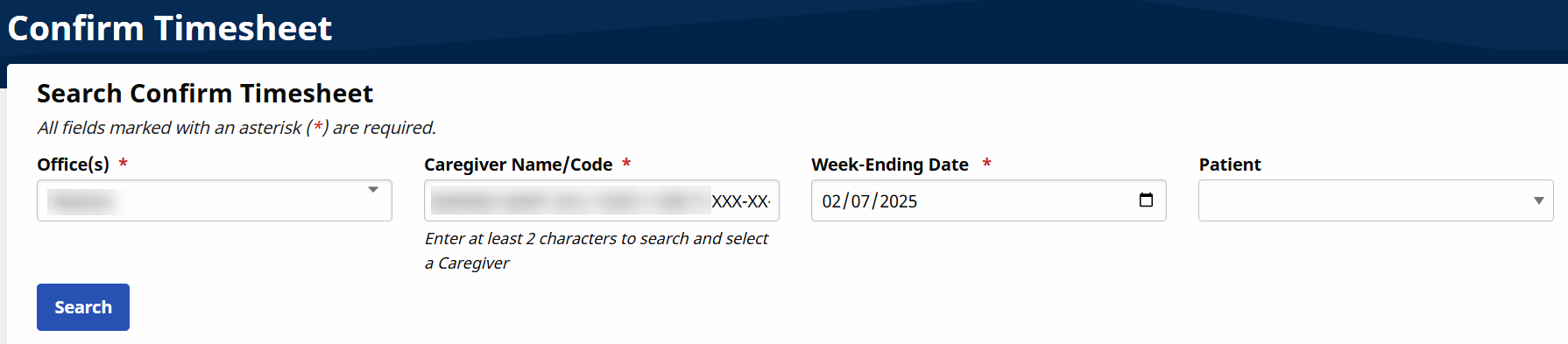 Confirm Timesheet Search Fields Confirm Timesheet Search Fields