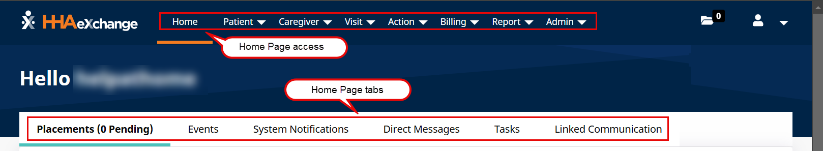 In the image, the Home Page tabs display at bottom, and the Home Module access displays at top, alongside neighboring menus for access. In the image, the Home Page tabs display at bottom, and the Home Module access displays at top, alongside neighboring menus for access.