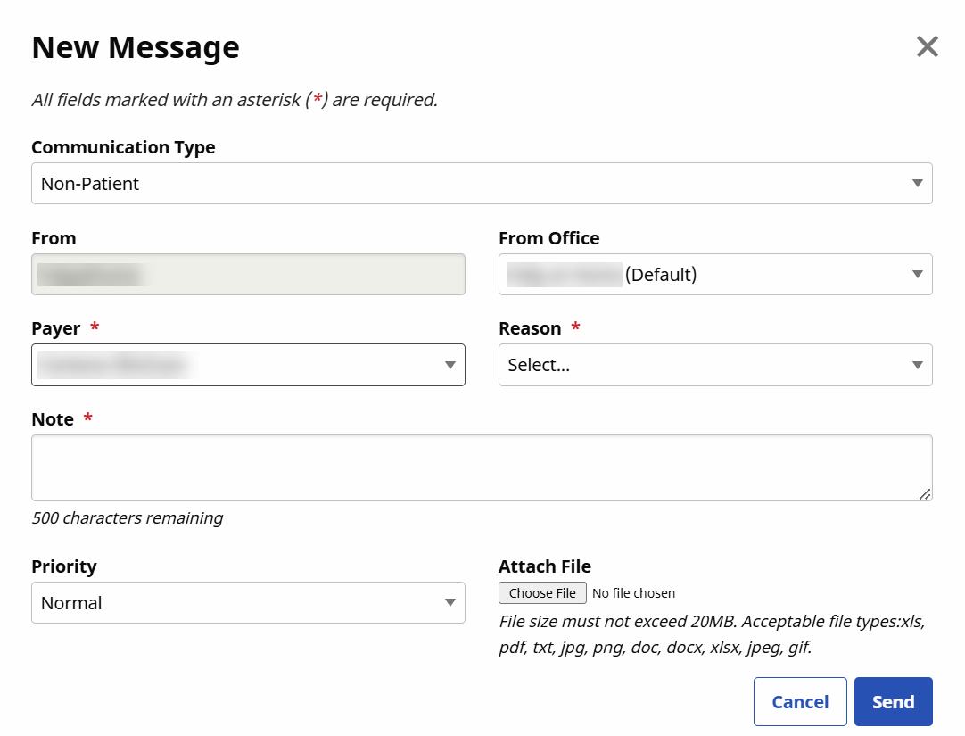 In New Message window, fields display to define the new message for communications, such as the communication type, office, payer, reason, note content, priority, and including any file attachments. In New Message window, fields display to define the new message for communications, such as the communication type, office, payer, reason, note content, priority, and including any file attachments.