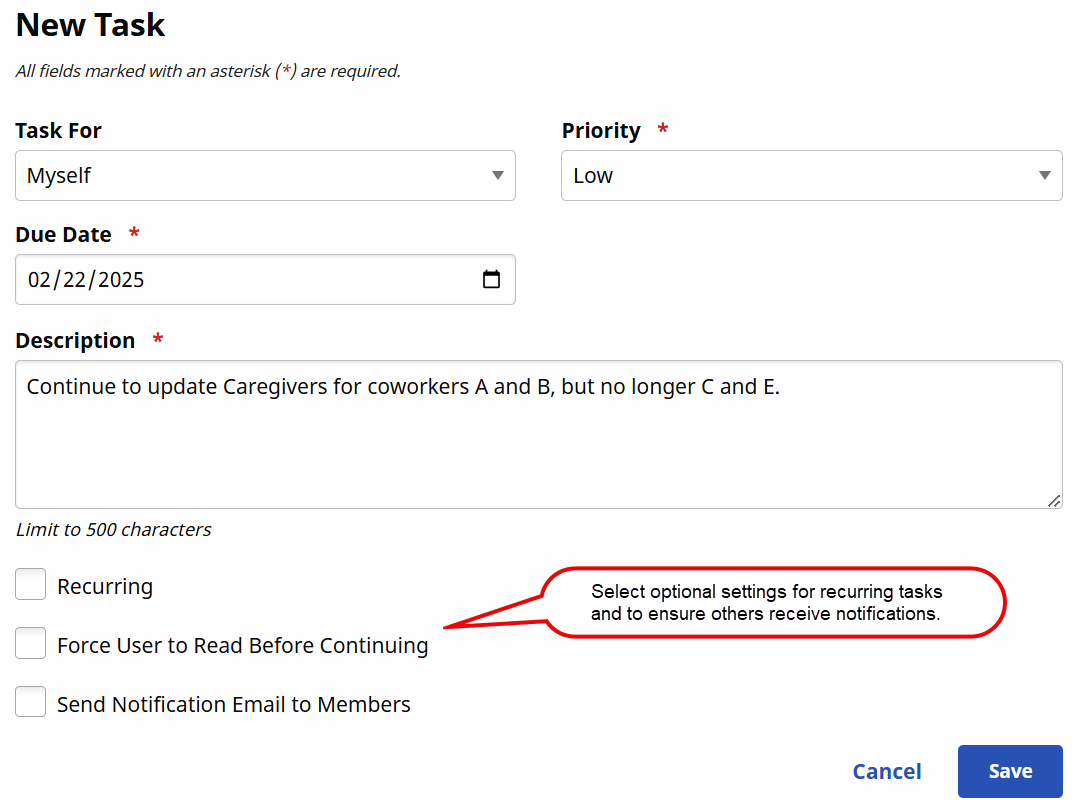 In the New Task window, fields display to define a new task setup. At bottom, the Force User to Read Before Continuing option displays as a checkbox field, among other task settings for recurring tasks. In the New Task window, fields display to define a new task setup. At bottom, the Force User to Read Before Continuing option displays as a checkbox field, among other task settings for recurring tasks.