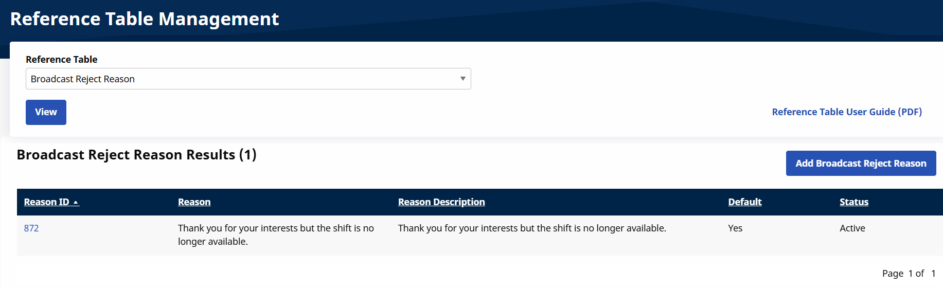 Reference Table Management Broadcast Reject Reason Reference Table Management Broadcast Reject Reason