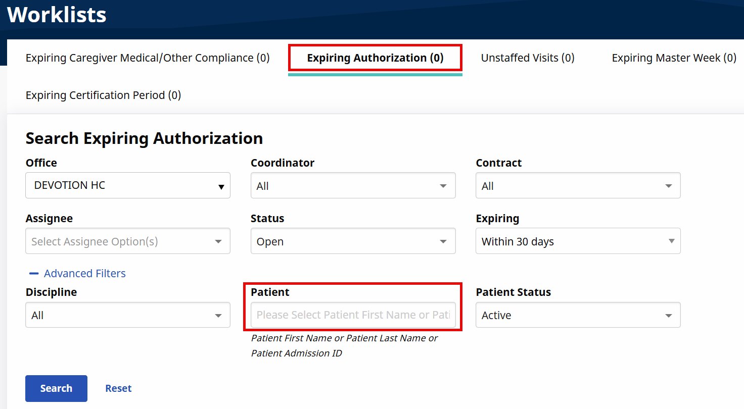 Expiring Authorization Worklist: Search Fields Expiring Authorization Worklist: Search Fields