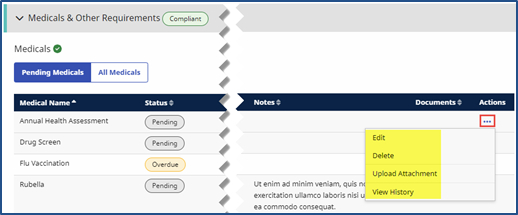 Applicant Medicals & Other Requirements: Actions Column Applicant Medicals & Other Requirements: Actions Column