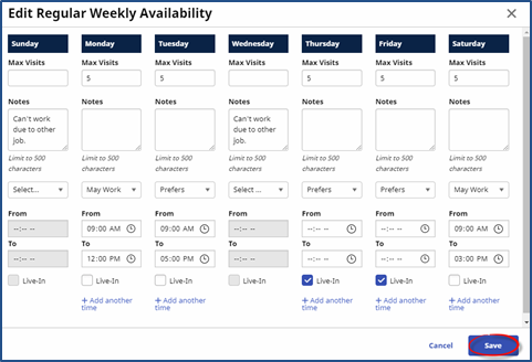 Edit Regular Weekly Availability Window Edit Regular Weekly Availability Window