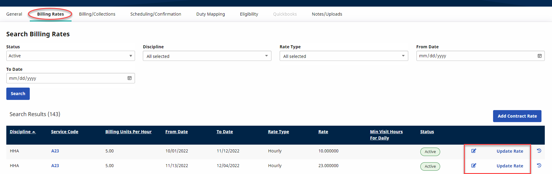 Contract Setup - Billing Rates Tab The image shows the Billing Rates page with the Update Rate area highlighted.