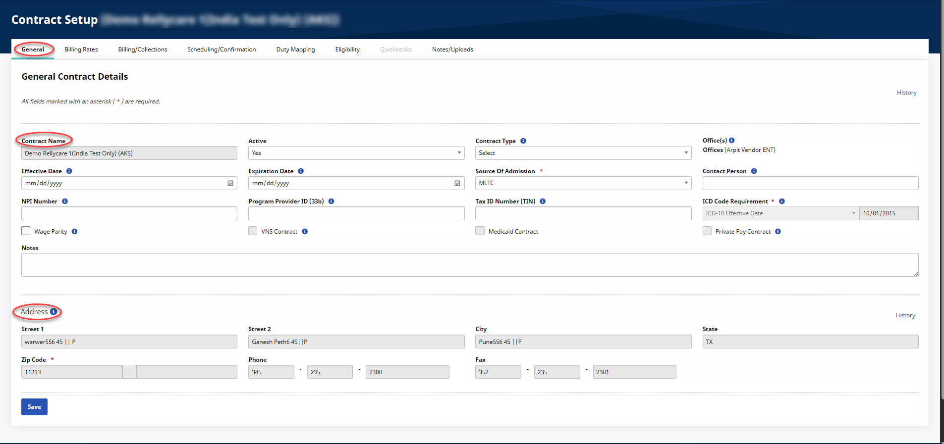 Contract Setup - General Tab The image displays the General Contract page with highlighted available fields.
