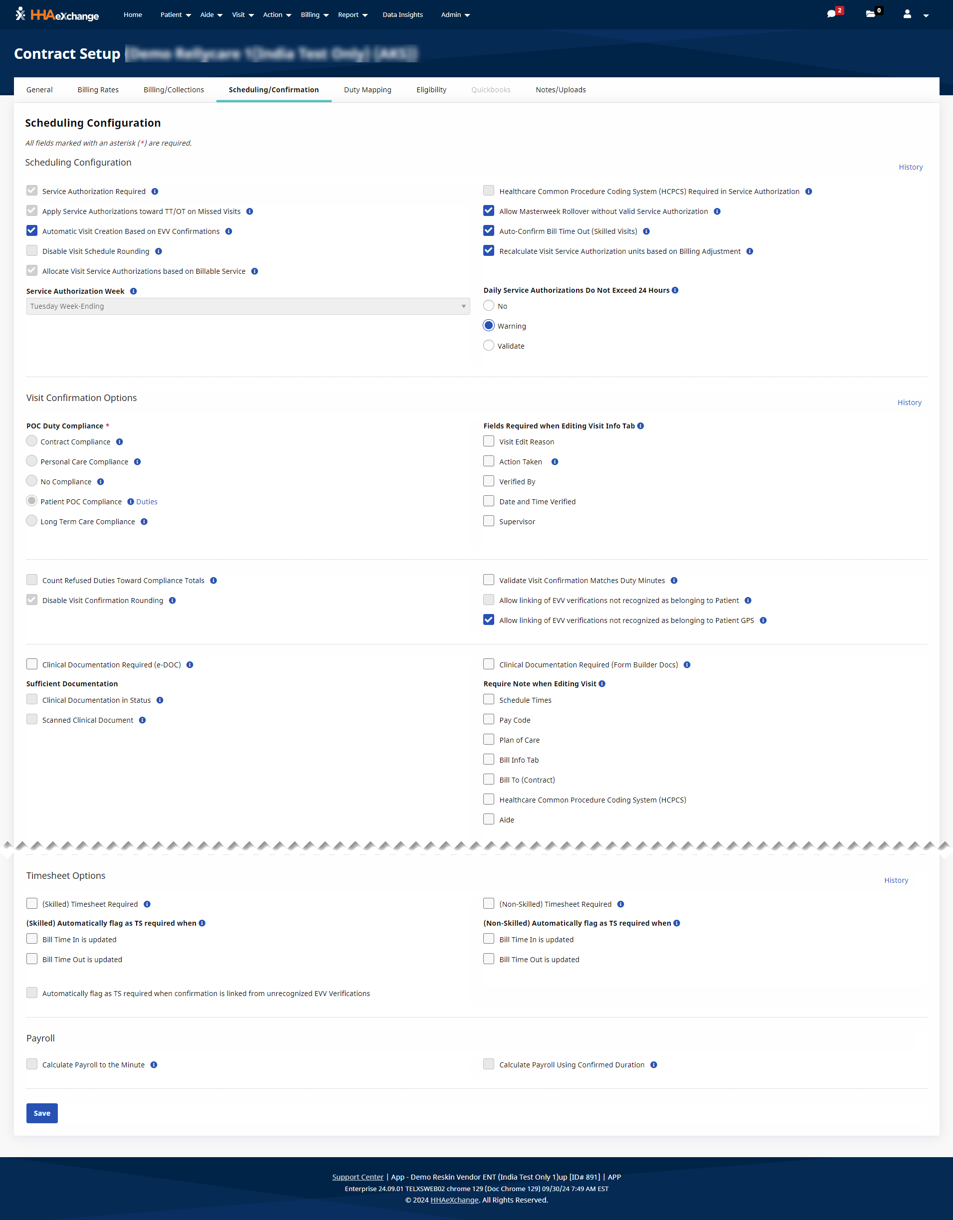 Contract Setup- Scheduling/Confirmation Tab (Editable Fields) The image shows the various areas where Providers can edit in the Scheduling/Confirmation page.
