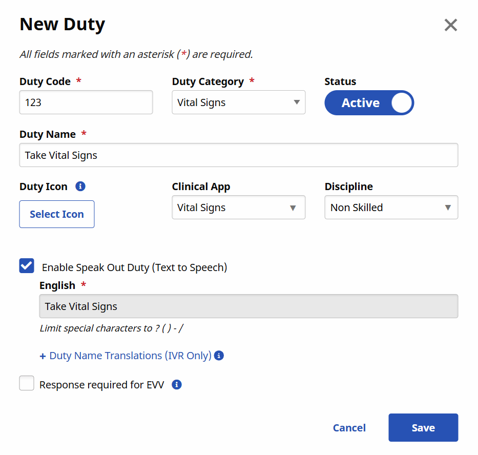 Enter the required fields for the duty. Enter the required fields for the duty.