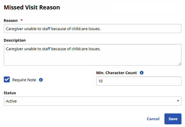 Missed Visit Reason Window Missed Visit Reason Window