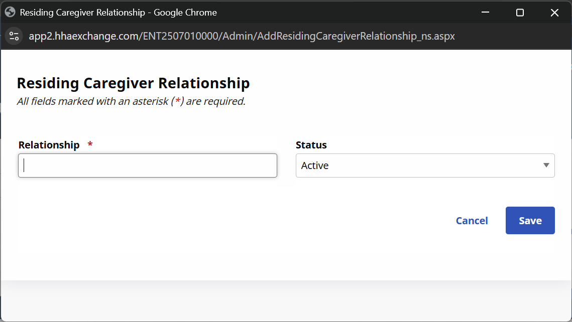 Residing Caregiver Relationship window Residing Caregiver Relationship window