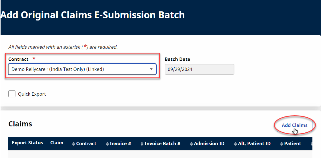 Add Claims Button Image displays the Add Original Claims E-Submission Batch page with a selected Contract and the Add Claims button encircled.
