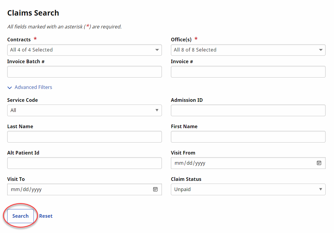 Add Claims Search Image displays the Add Claims page with the Search button encircled.