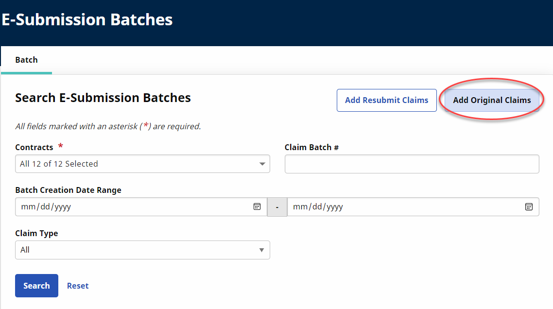 Add New Batch Claims Image shows the E-Submission Batches page with the Add Original Claims circled.