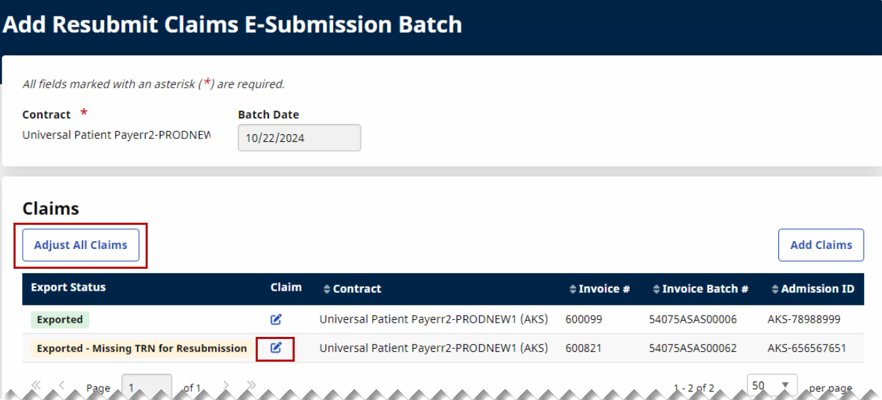Edit Claim Resubmission The image displays the Add Resubmit Claims E-Submission Batch page with a selected batch to edit.