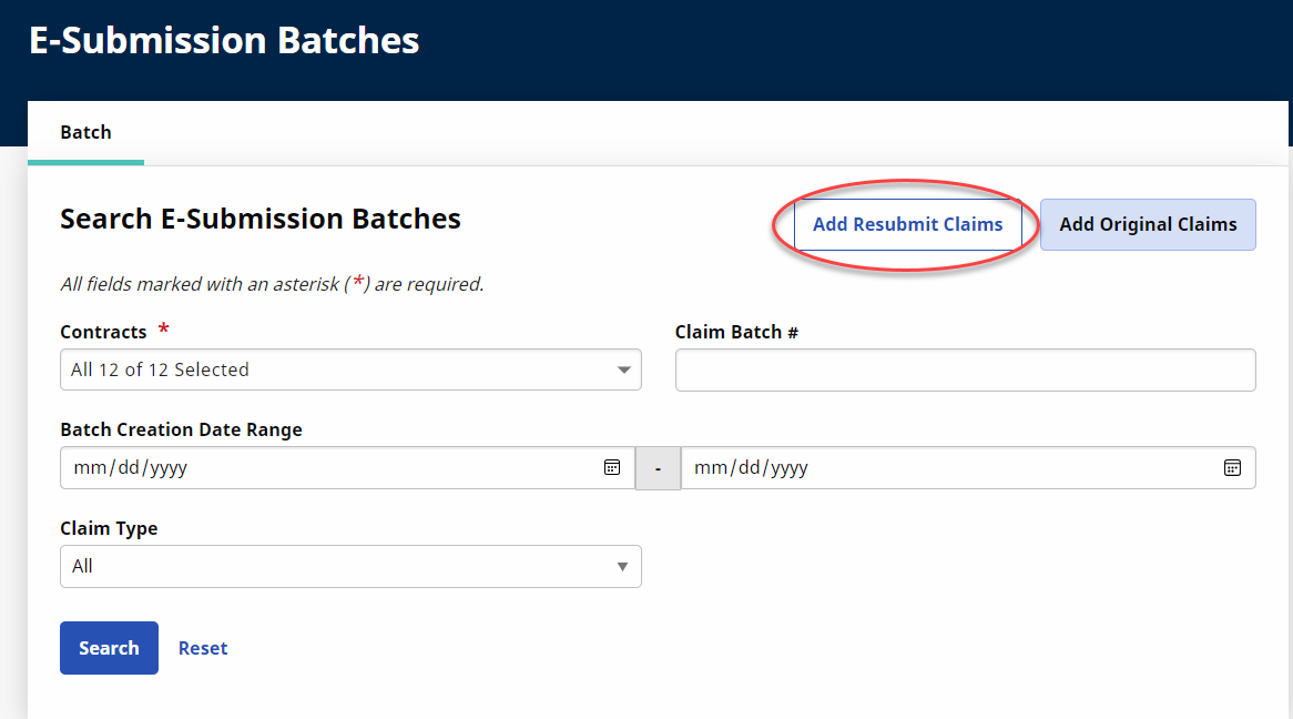 E-Submission Batches - Add Resubmit Claims The image shows the E-Submission Batches page with the Add Resubmit Claims button encircled.