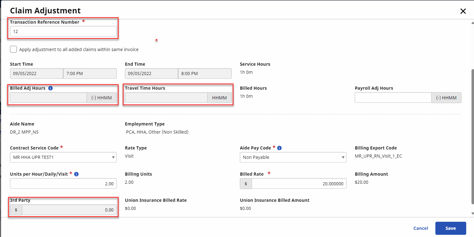 Claim Adjustment Window The image shows the opened Claim Adjustment window highlighting the required Transaction Reference Number field and other disabled fields.