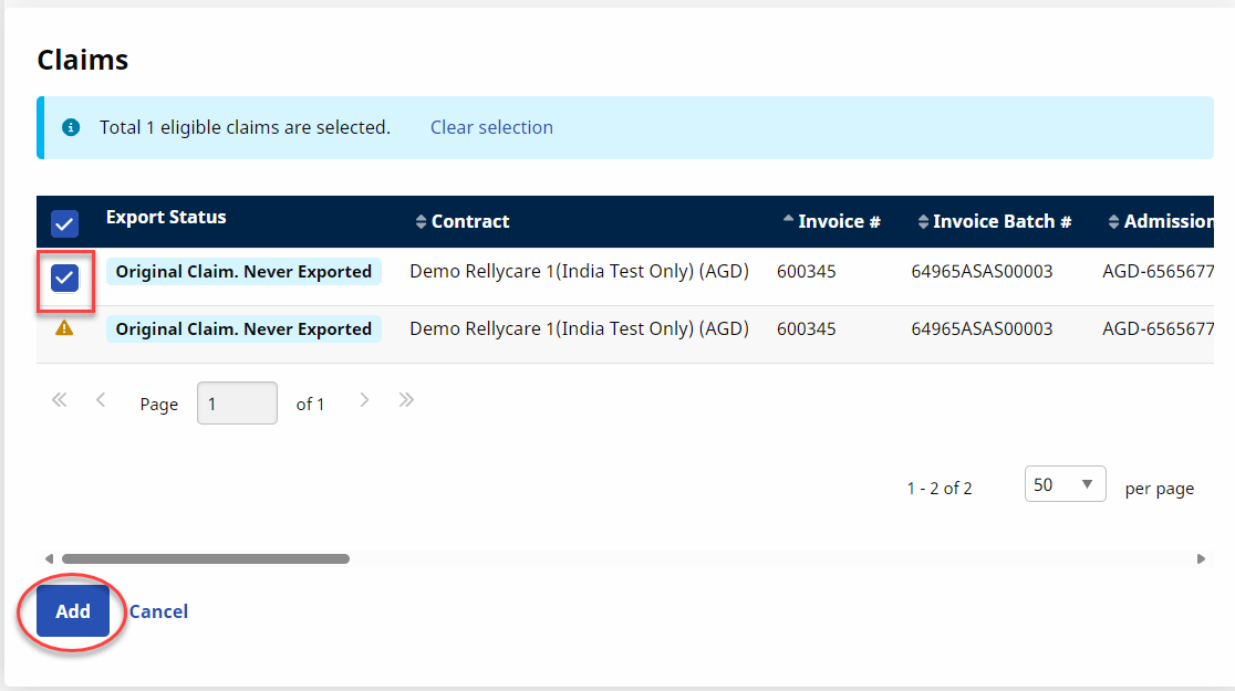 Claims Search - Select Batch(es) The image displays selected claims batches with the Add button encircled.
