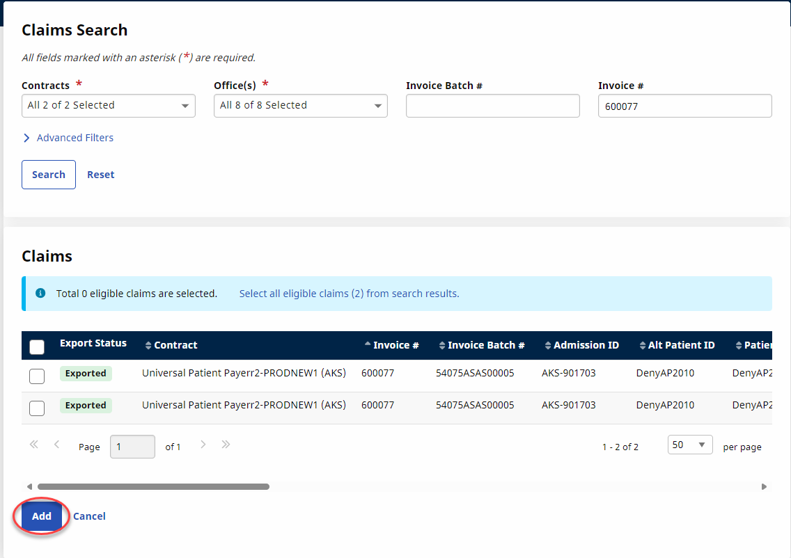Claims Search - Selected Batches to Add The image shows the Claims Search page with selected batches to add.
