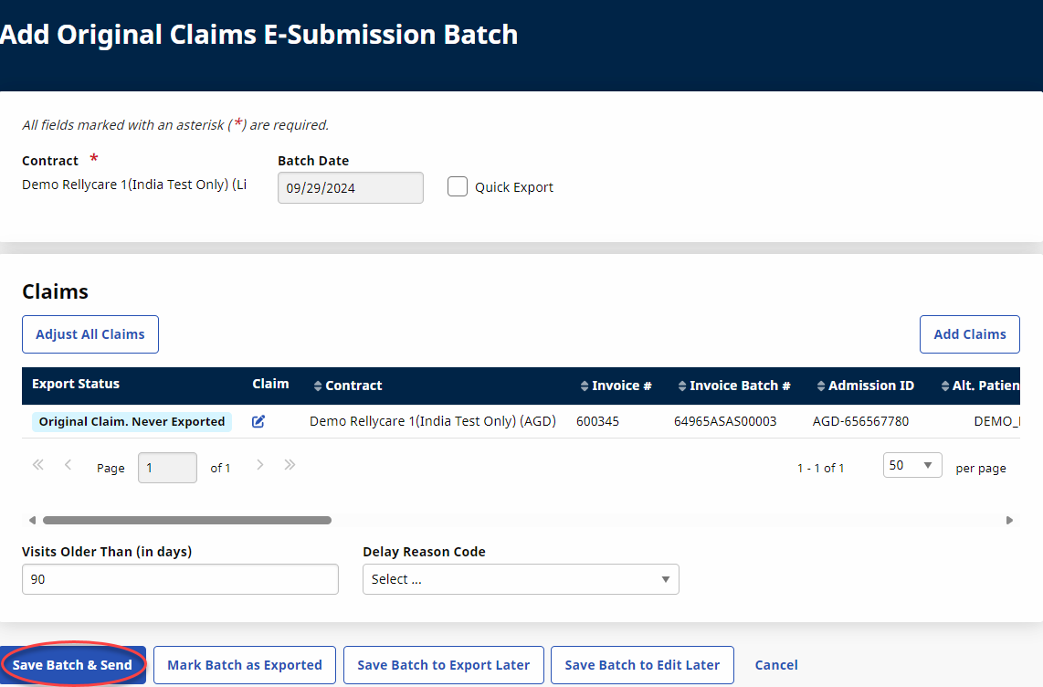 Claims Submission - Save Batch & Export The image displays the added claims with the Save Batch & Export button encircled.