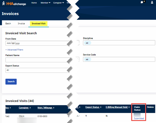 Invoiced Visit Search Claim Status Column Invoiced Visit Search Claim Status Column