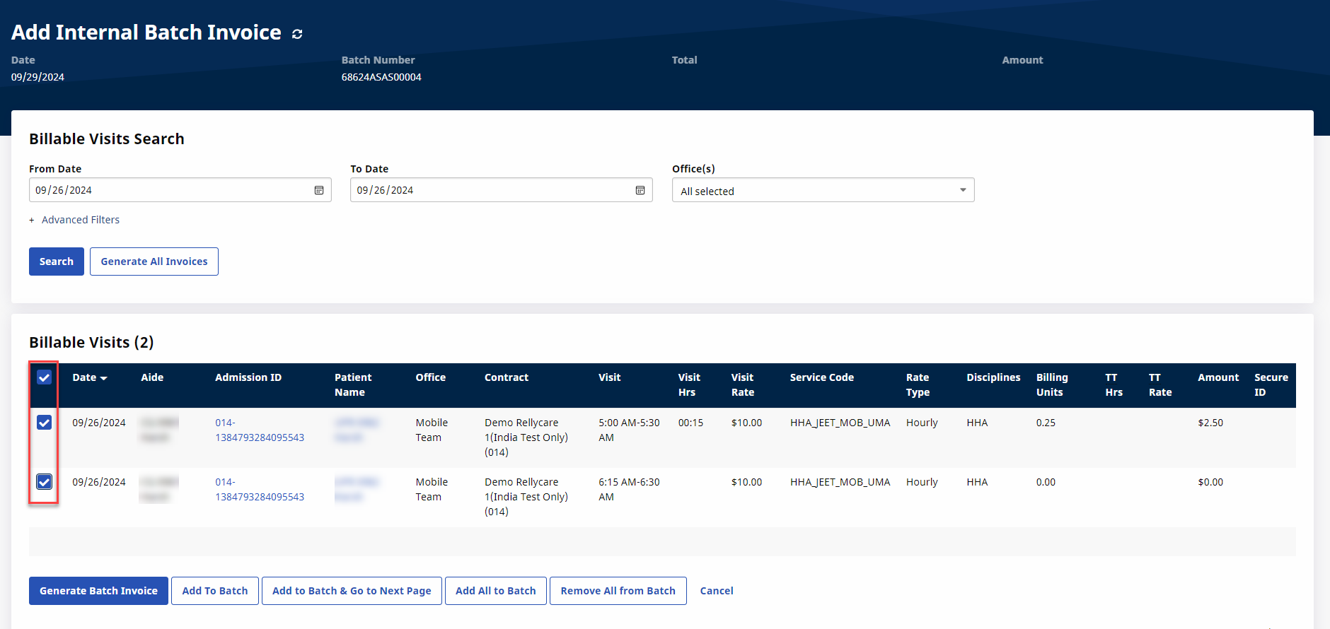 New Invoice Batch (Internal) - Invoice Batch Image displays the Add Internal Batch Invoice page with selected visits and circled Generate Batch Invoice button.