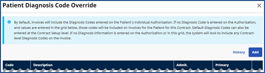 Patient Diagnosis Code Override page Patient Diagnosis Code Override page