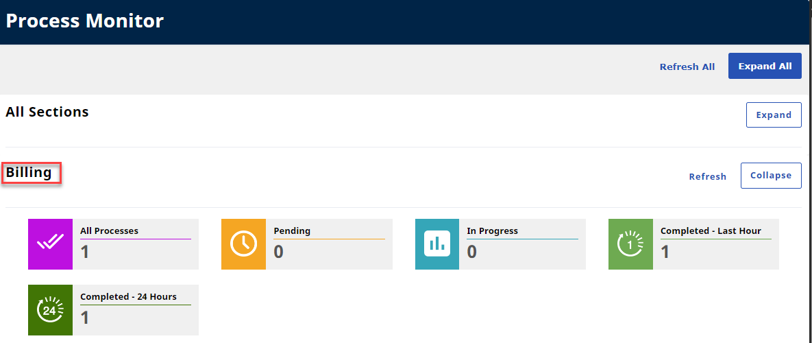 Process Monitor - Billing Section This images shows the Process Monitor with the selected Billing section.
