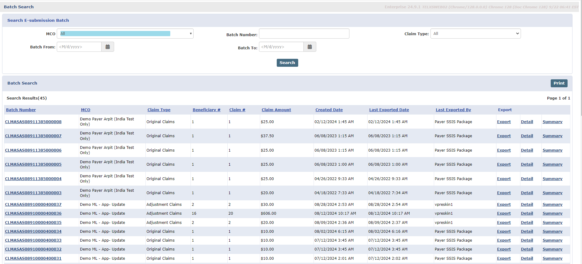 Search Batch - Search Results The image displays the Batch Search page with search results.
