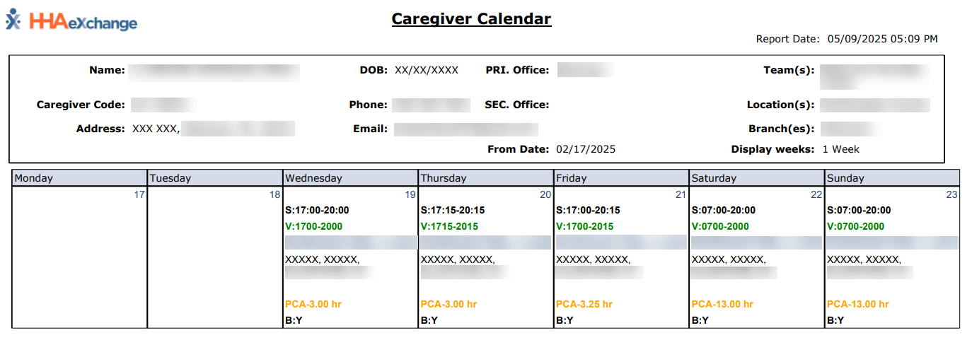 Caregiver’s Weekly Schedule Caregiver’s Weekly Schedule