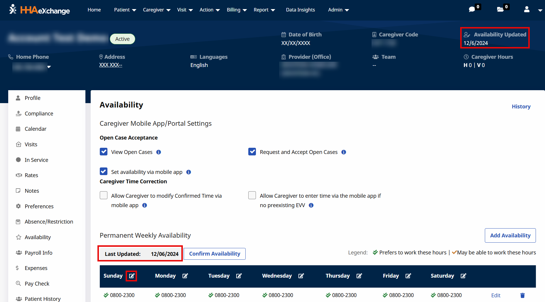 Caregiver Availability Page Caregiver Availability Page