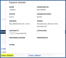 Hovering Over the Patient Name Hovering Over the Patient Name